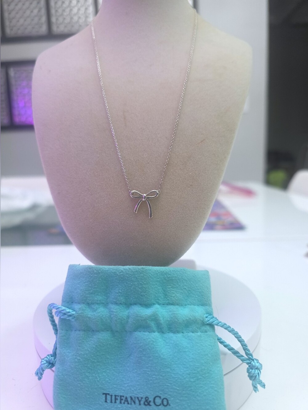 Authentic Tiffany And Co Delicate Silver Bow Pendant Necklace - Women's Jewelry